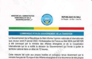 Expulsion de l’ambassadeur de France: voici le communiqué du gouvernement malien